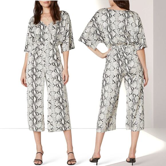 BB Dakota Pants - BB DAKOTA Lines in the Sun Python Snake Print Satin Jumpsuit Surplice Black Gray